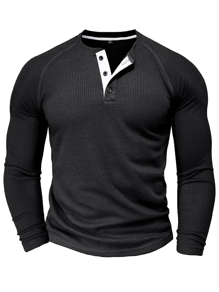 Men's Waffle Henley Collar Textured Long-sleeved Top