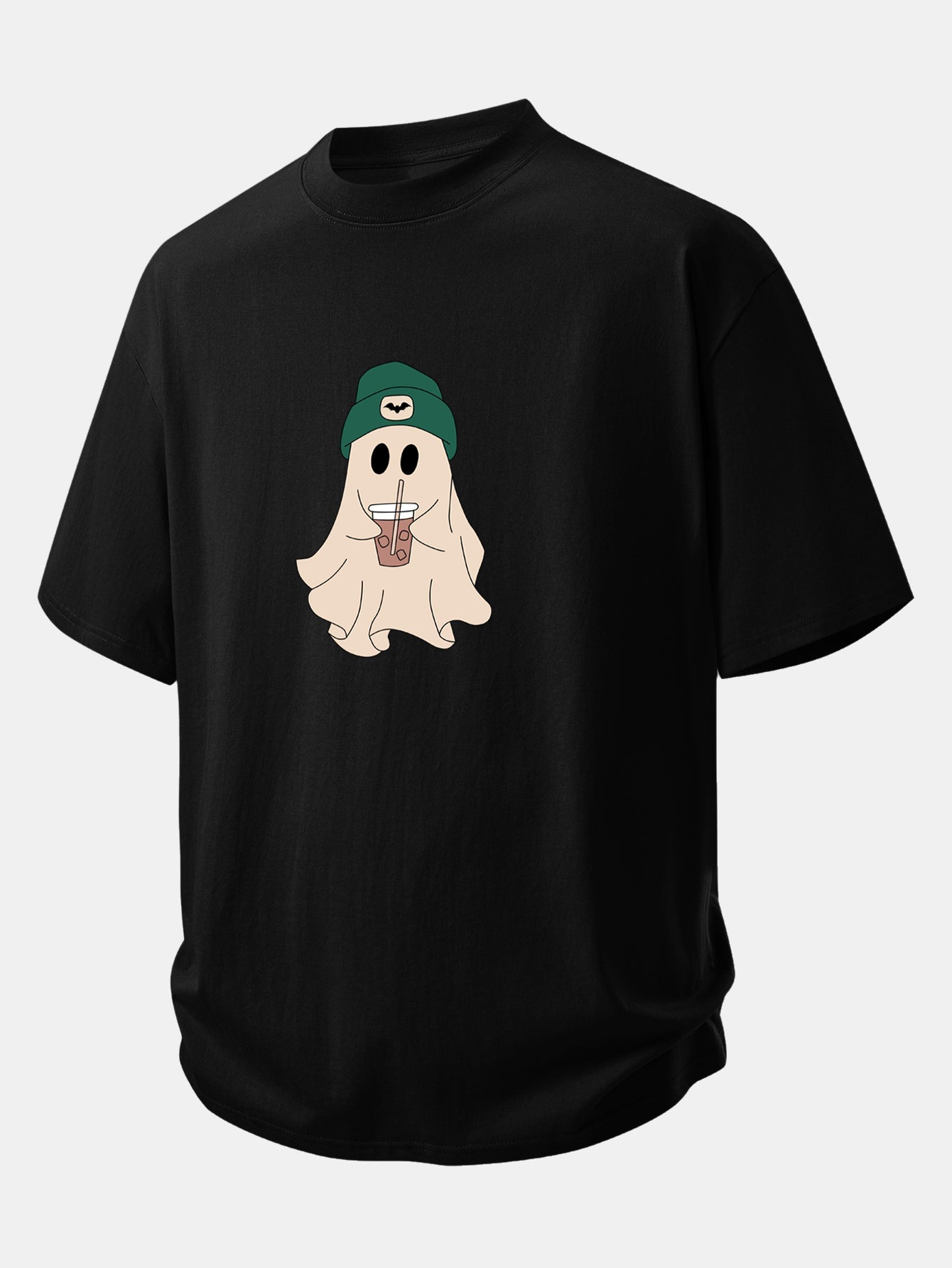 Relax Fit Darkgreen Hat Ghost Print Cotton T-Shirt & Cotton Drawstring 7" Shorts
