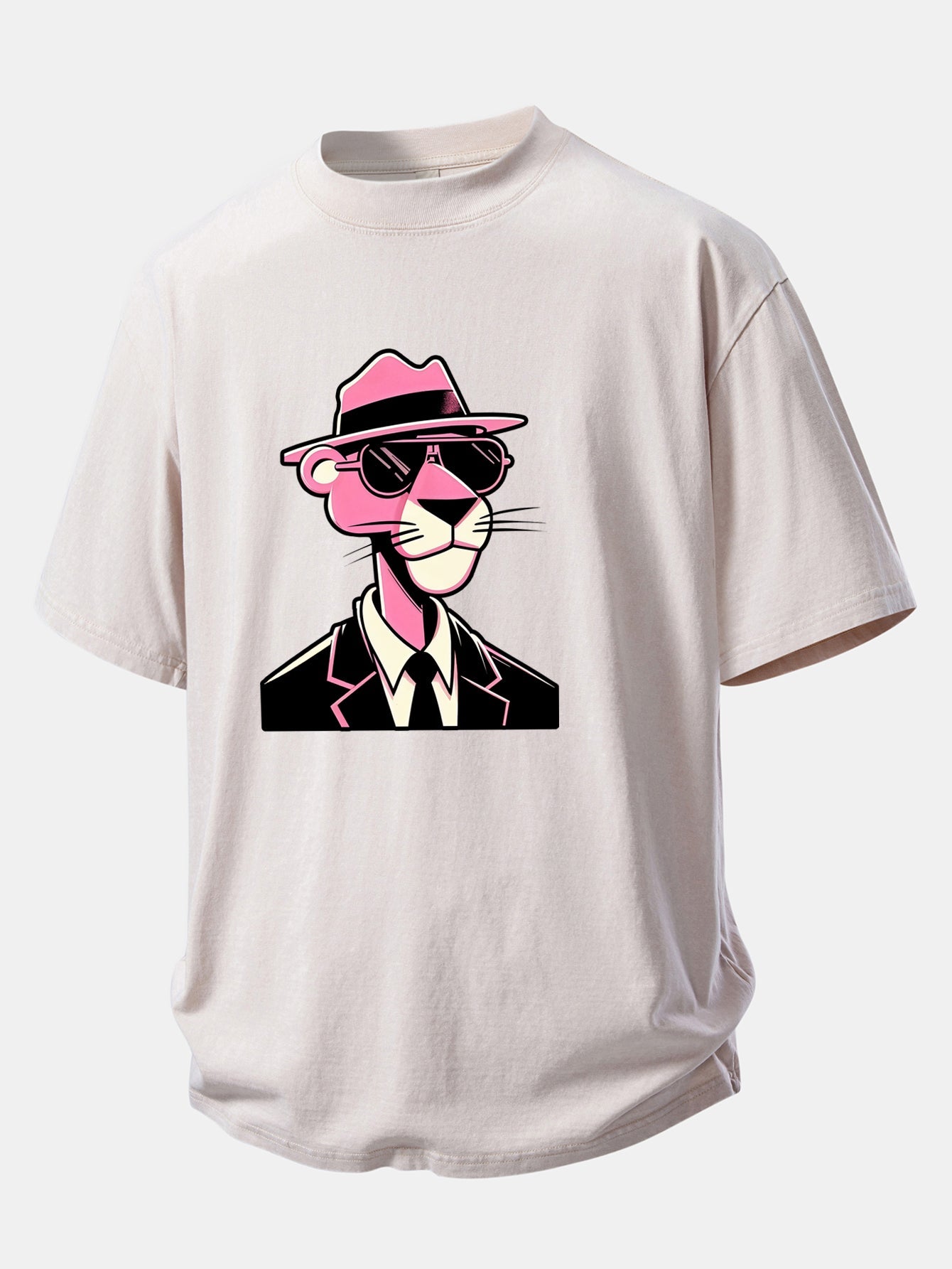 Pink Gentleman Panther Print Washed Distressed Drop Shoulder T-Shirt