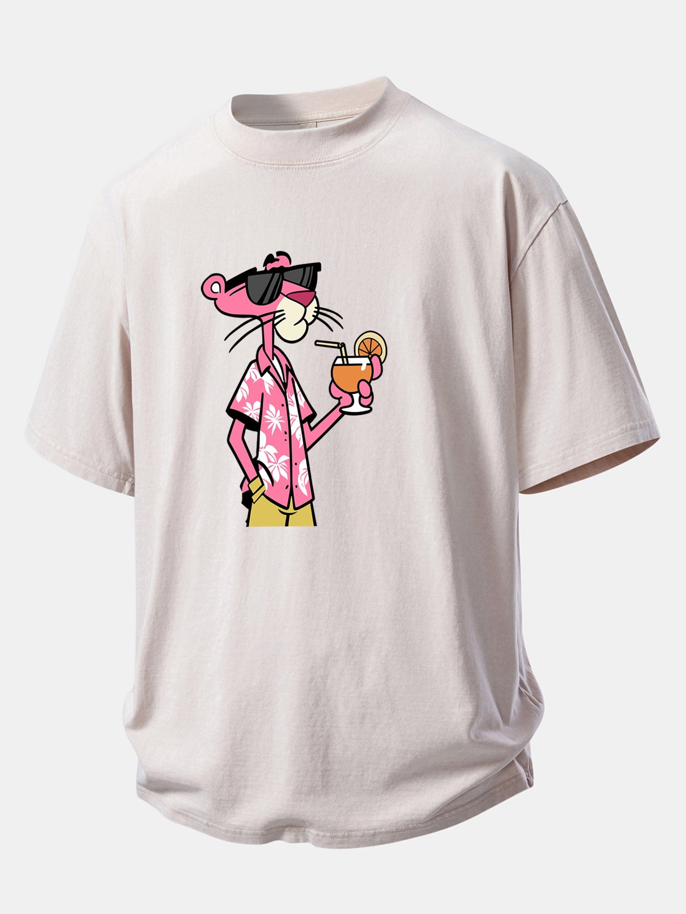 Vacation Pink Panther Print Washed Distressed Drop Shoulder T-Shirt