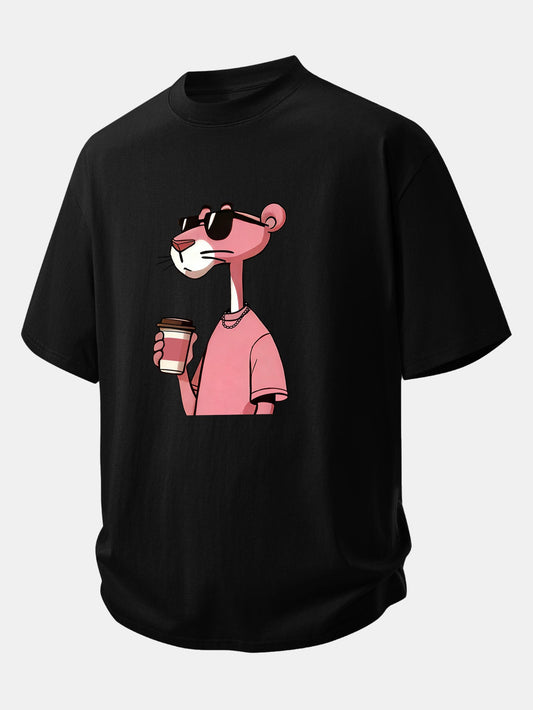 Relax Fit Pink Panther Drinking Coffee Print Cotton T-Shirt