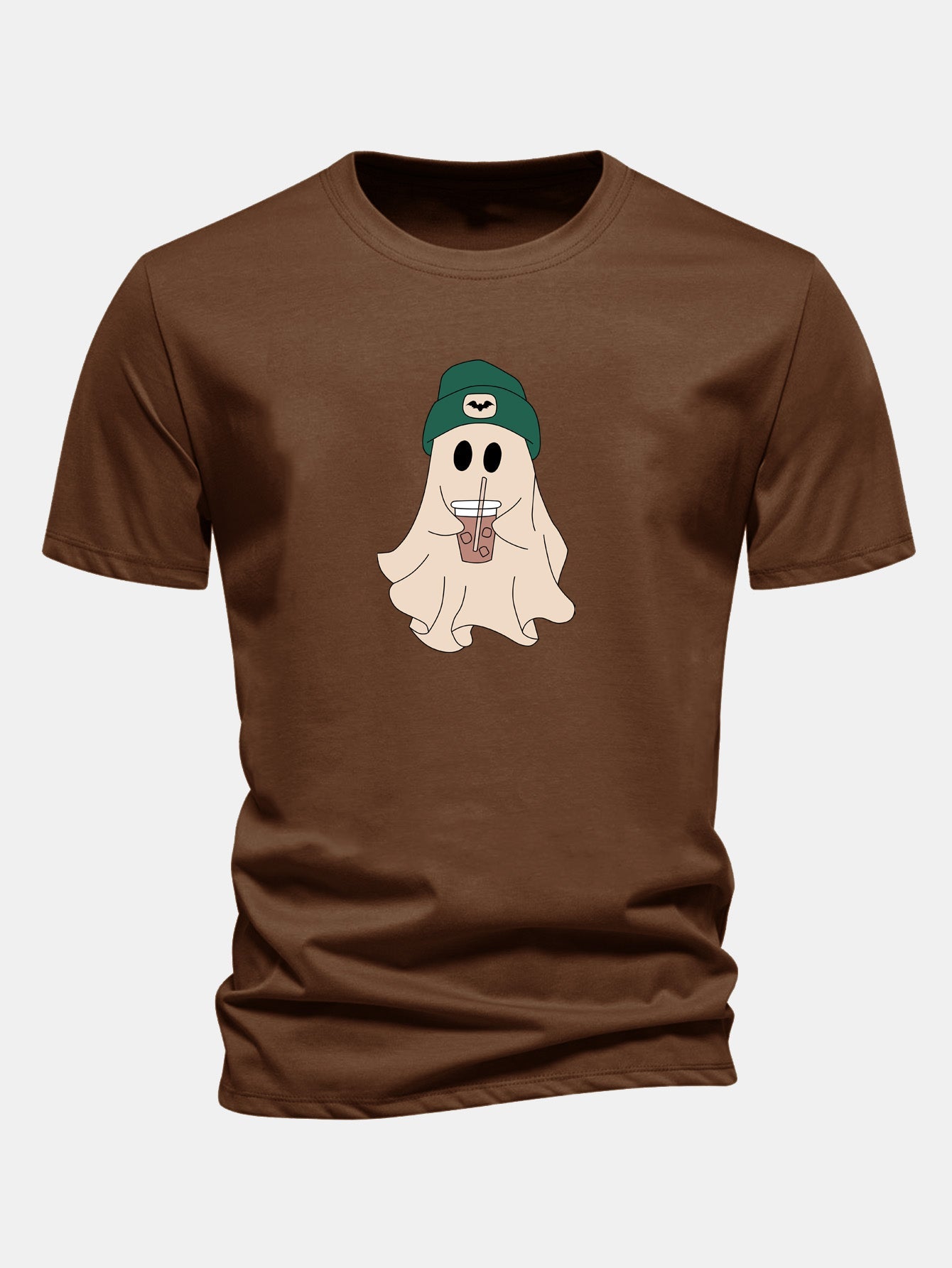 Regular Fit Darkgreen Hat Ghost Print Cotton T-Shirt