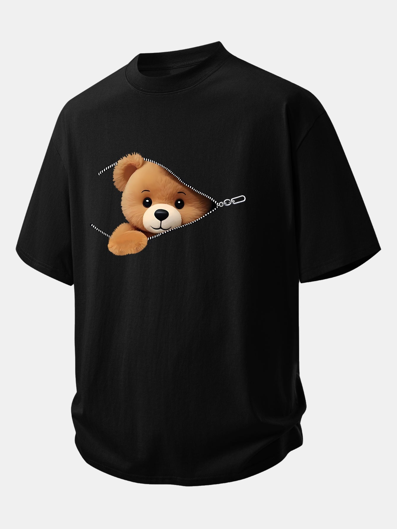Relax Fit Zipper Bear Print Cotton T-Shirt