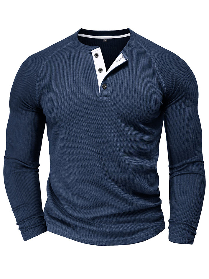 Men's Waffle Henley Collar Textured Long-sleeved Top