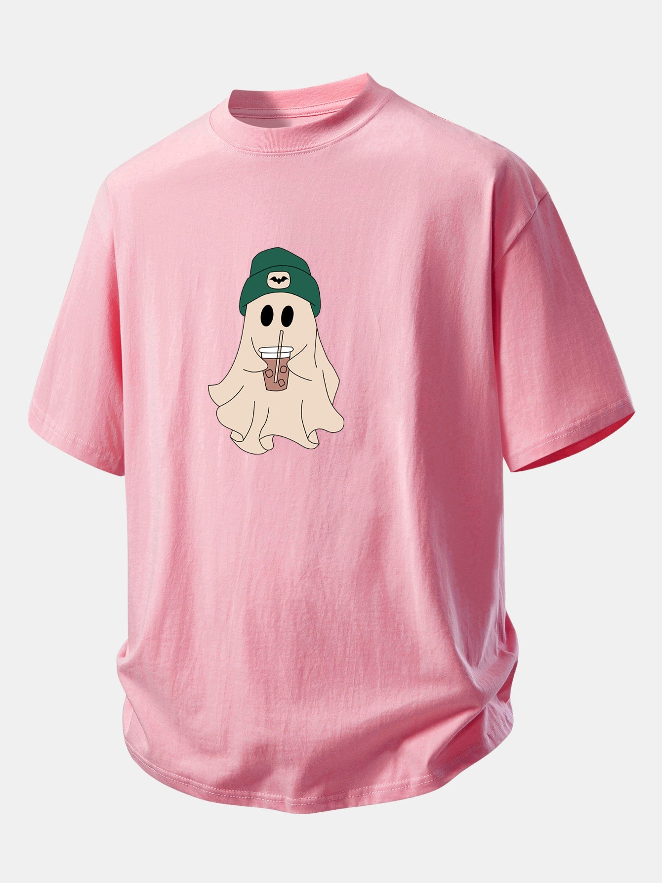 Relax Fit Darkgreen Hat Ghost Print Cotton T-Shirt