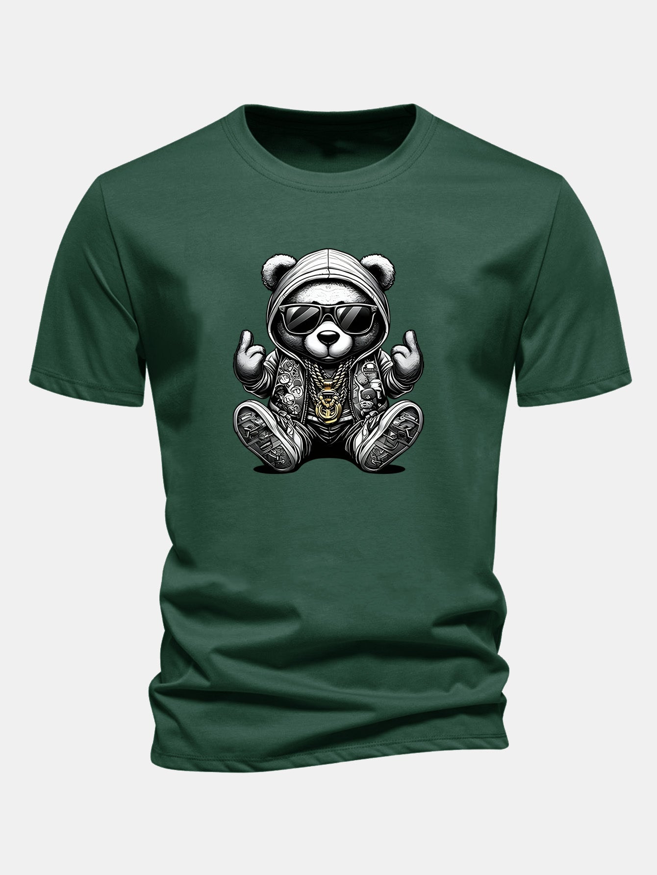 Regular Fit Hip Hop Bear Print Cotton T-Shirt
