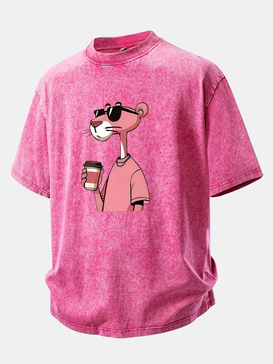 Pink Panther Drinking Coffee Print Washed Distressed Drop Shoulder T-Shirt