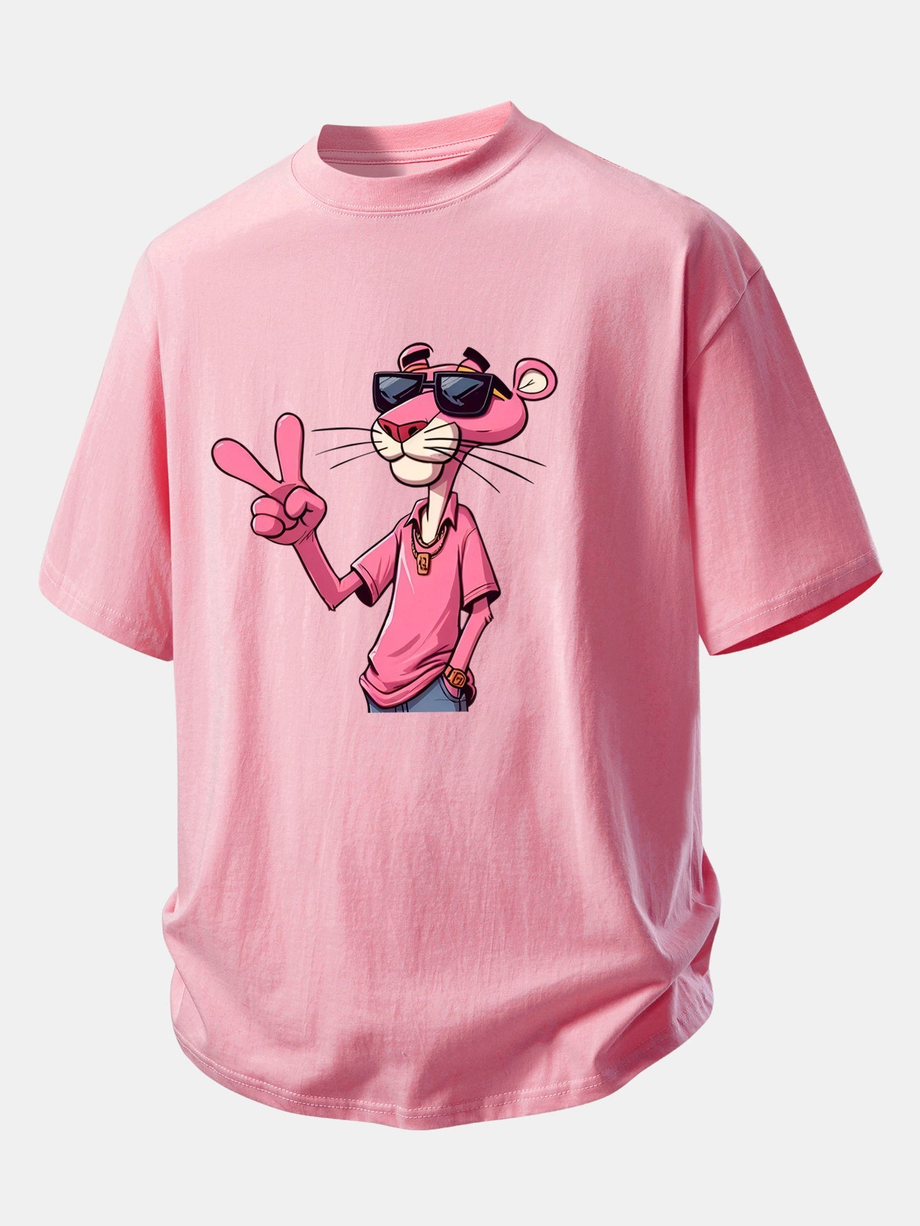 Relax Fit Pink Panther With V Sign Print Cotton T-Shirt