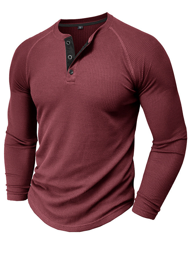 Men's Waffle Henley Collar Textured Long-sleeved Top