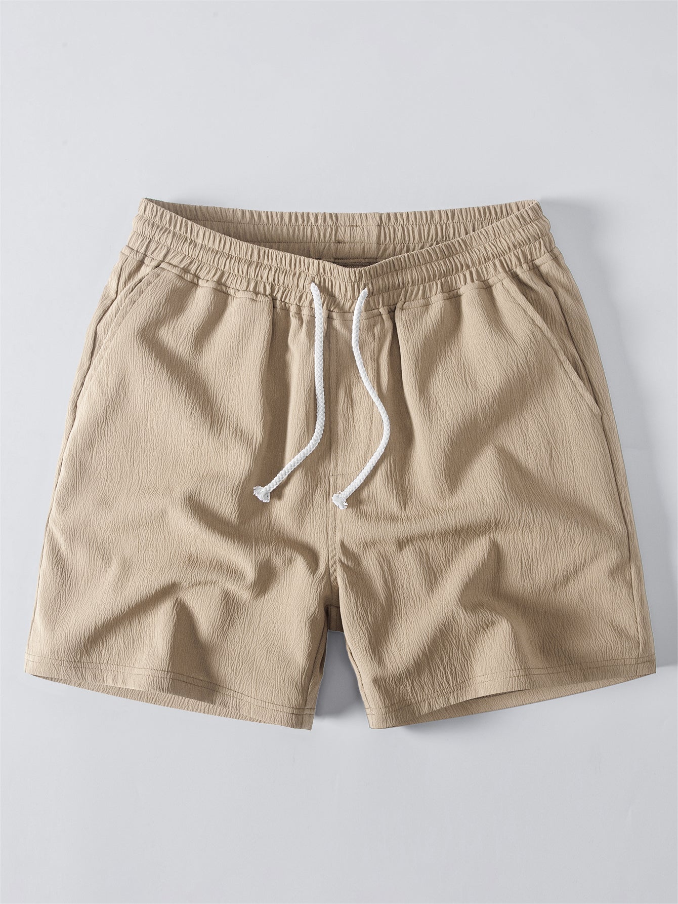 Striped Crochet V Neck Polo & Crinkle Textured Drawstring 5" Shorts