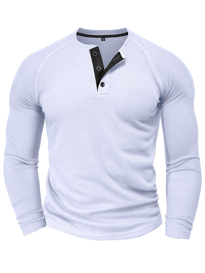 Men's Waffle Henley Collar Textured Long-sleeved Top