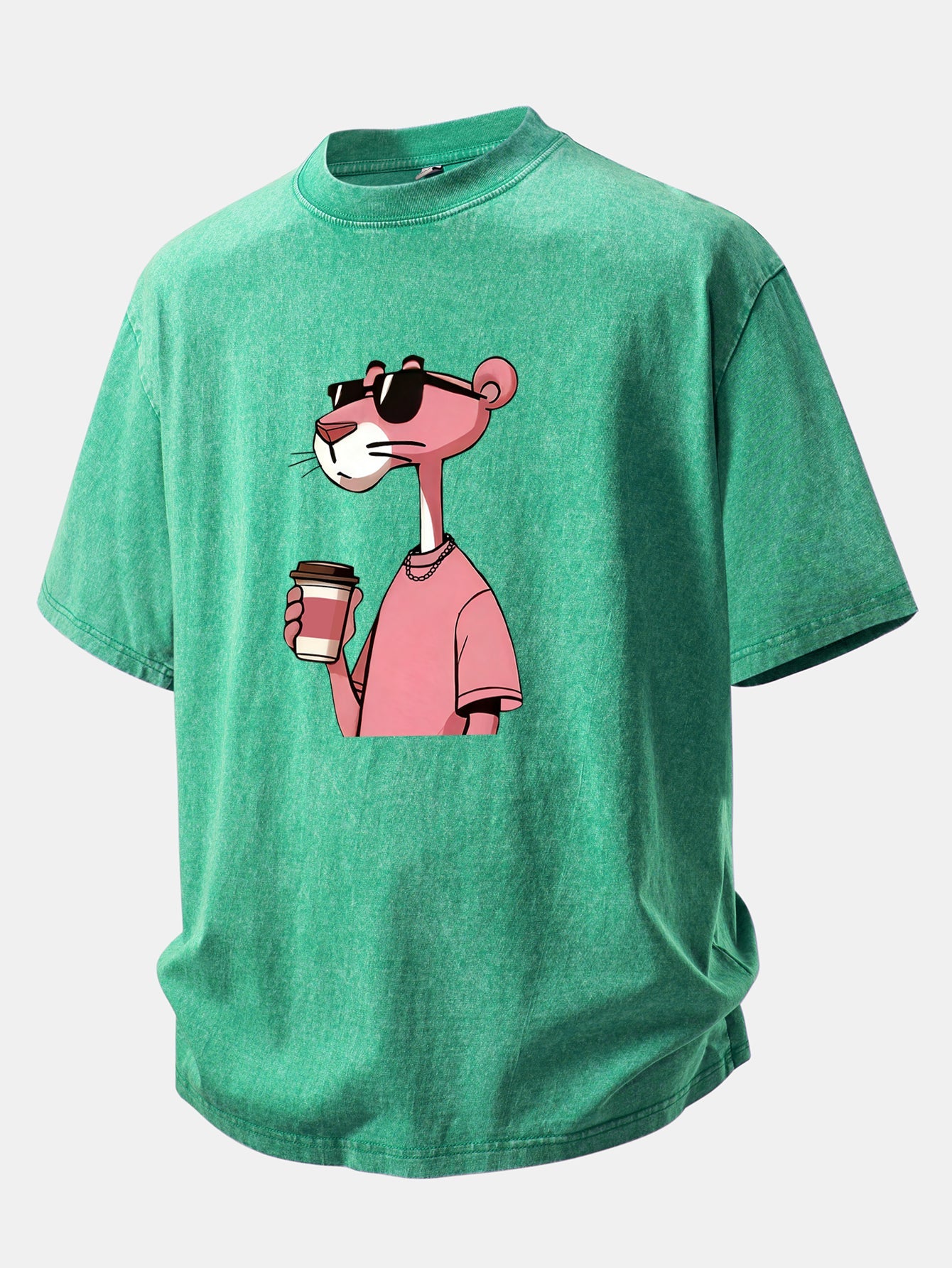 Pink Panther Drinking Coffee Print Washed Distressed Drop Shoulder T-Shirt