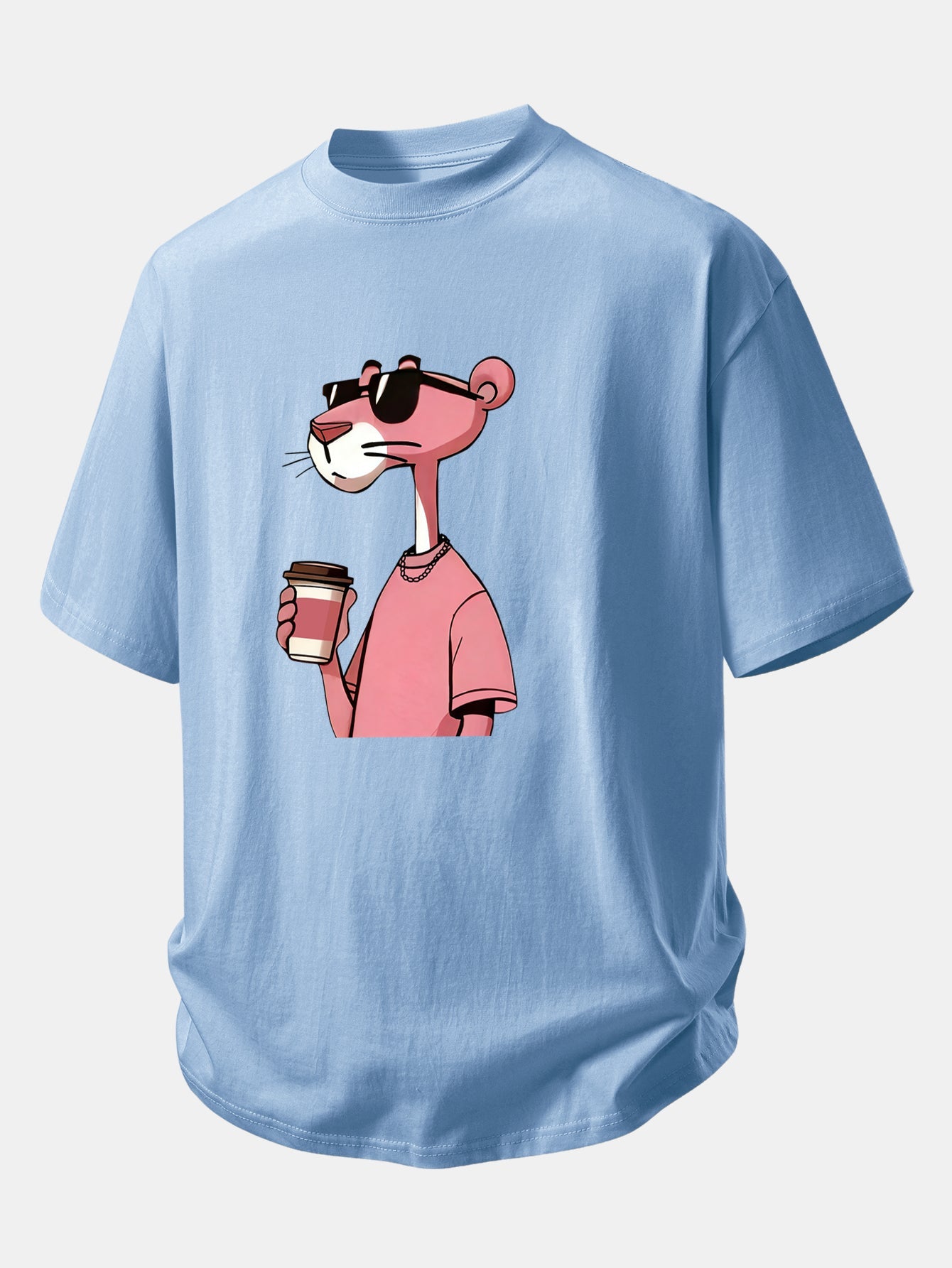 Relax Fit Pink Panther Drinking Coffee Print Cotton T-Shirt