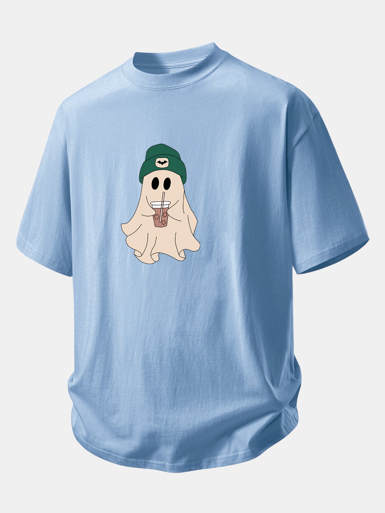 Relax Fit Darkgreen Hat Ghost Print Cotton T-Shirt