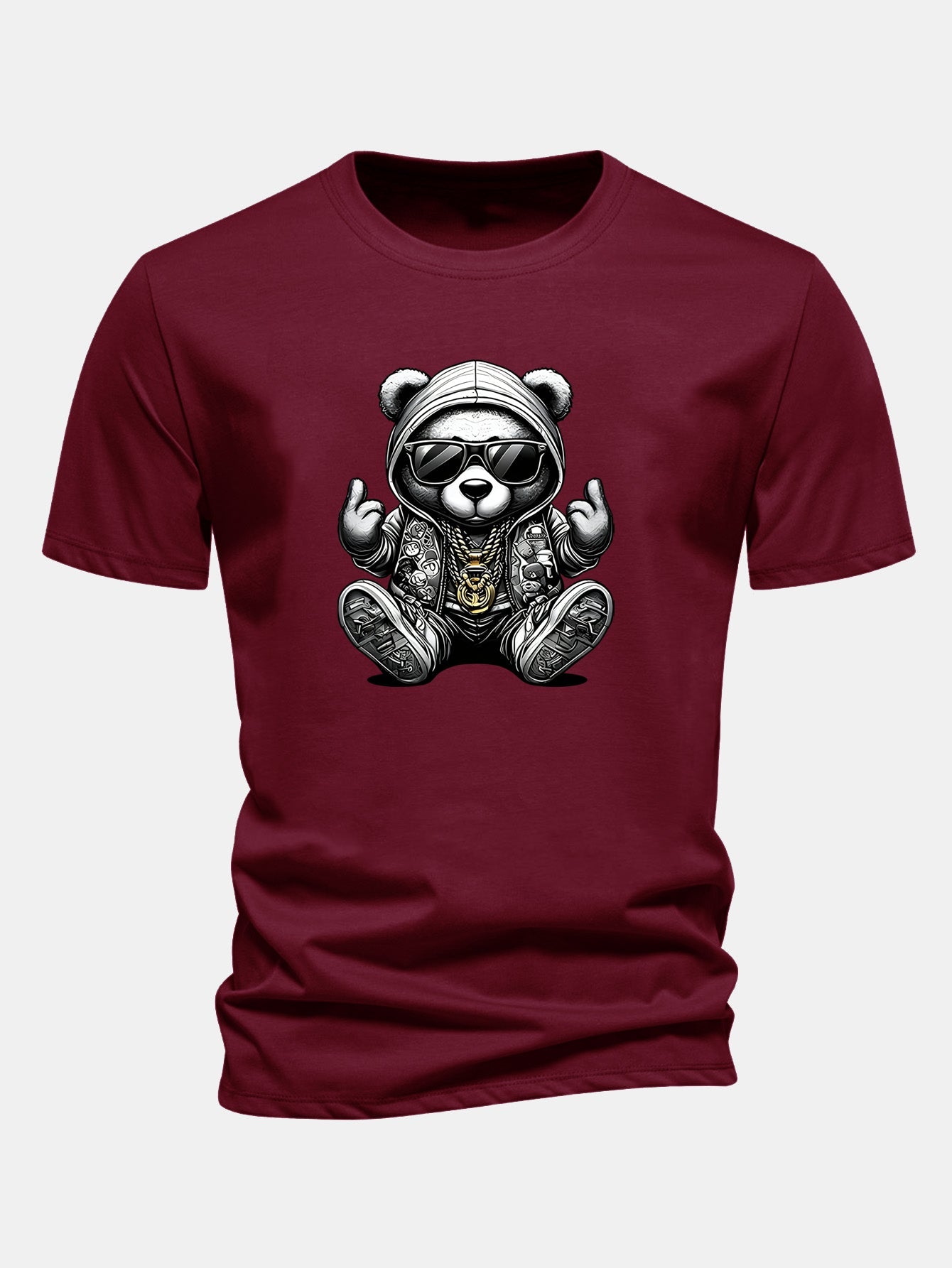 Regular Fit Hip Hop Bear Print Cotton T-Shirt