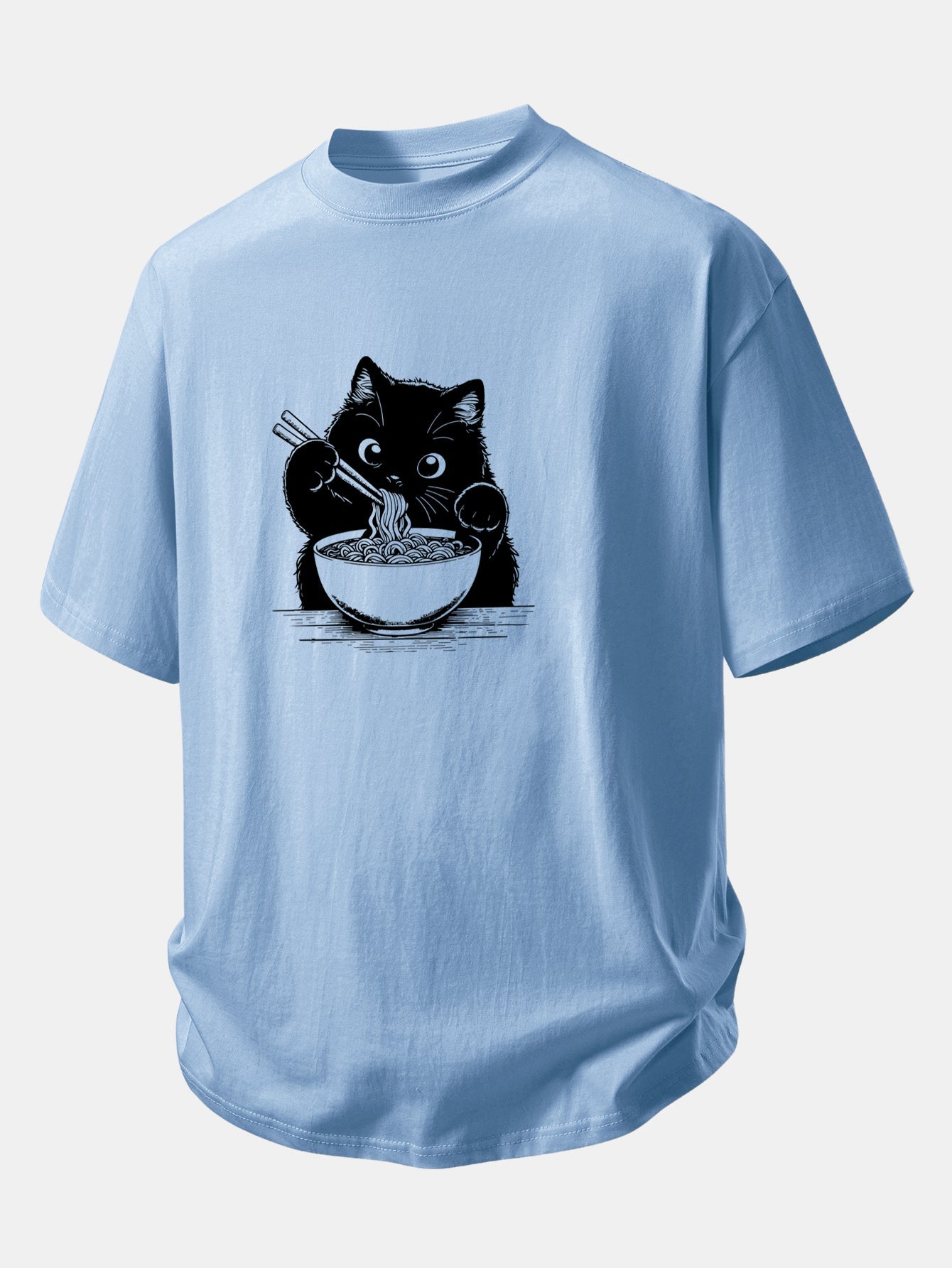 Relax Fit Black Cat Ramen Print Cotton T-Shirt