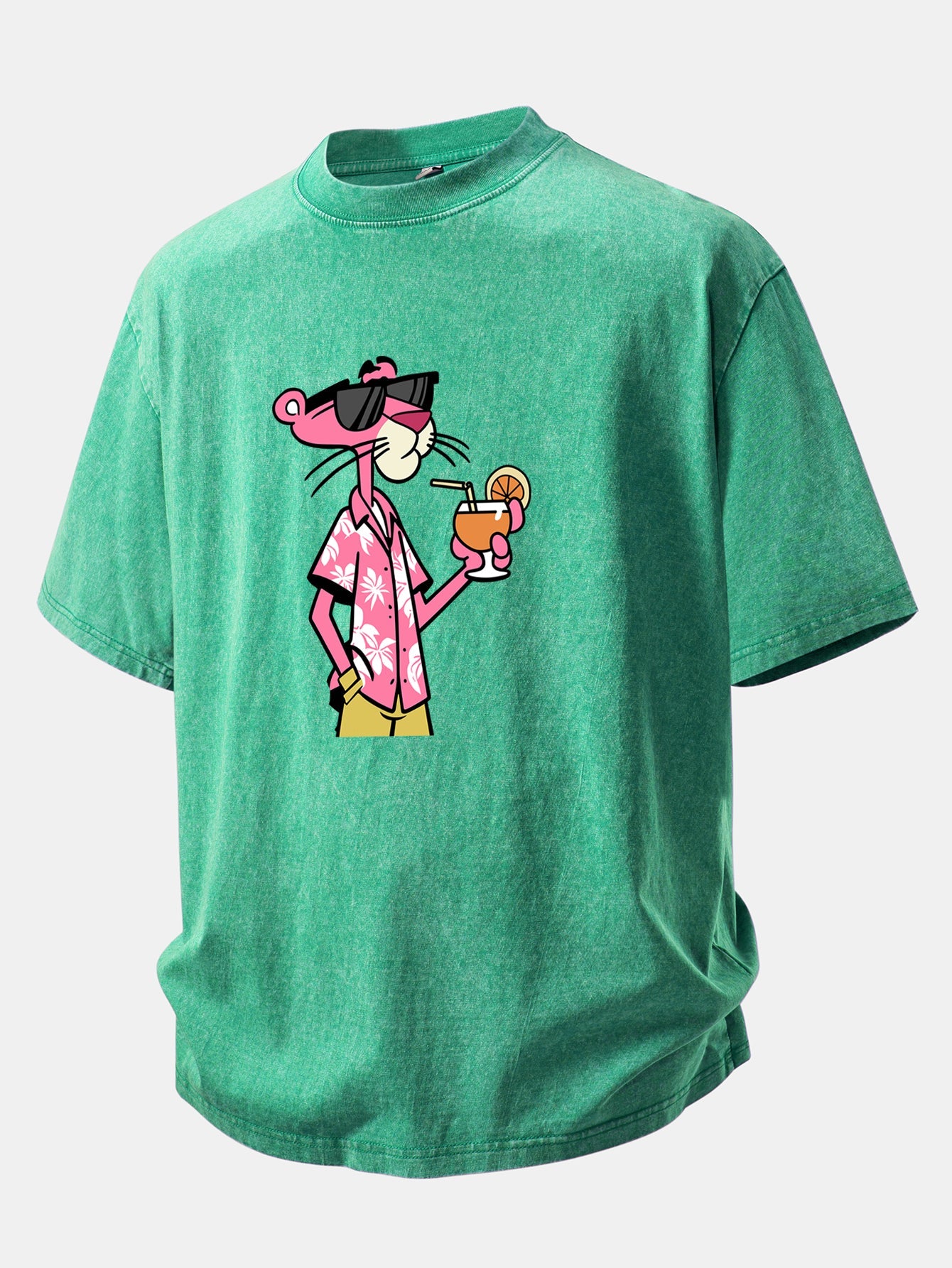 Vacation Pink Panther Print Washed Distressed Drop Shoulder T-Shirt