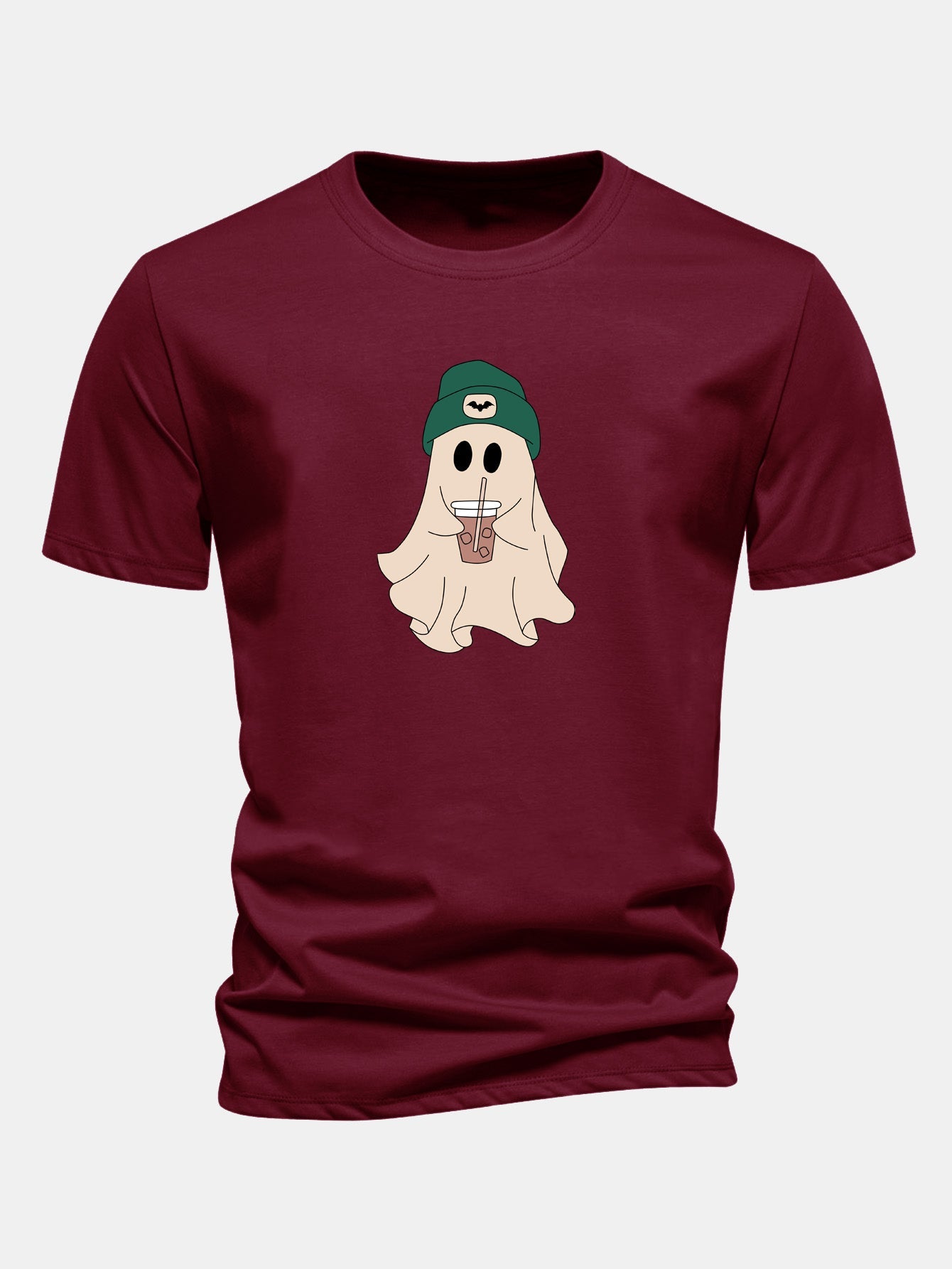 Regular Fit Darkgreen Hat Ghost Print Cotton T-Shirt