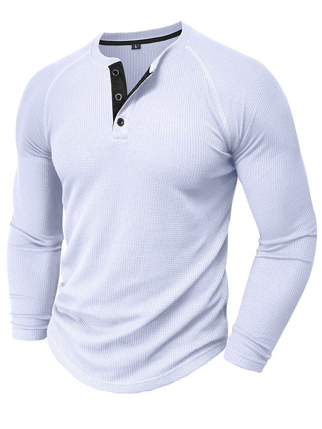 Men's Waffle Henley Collar Textured Long-sleeved Top