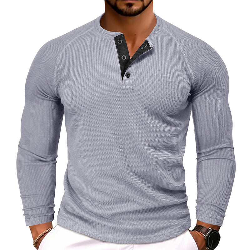 Men's Waffle Henley Collar Textured Long-sleeved Top