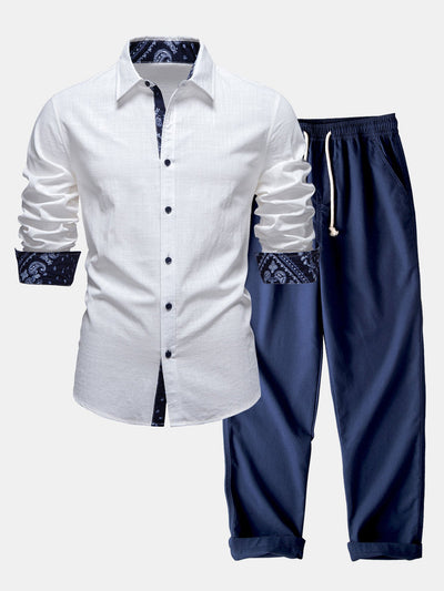 Contrast Paisley Print Linen Look Shirt & Straight Leg Linen Pants