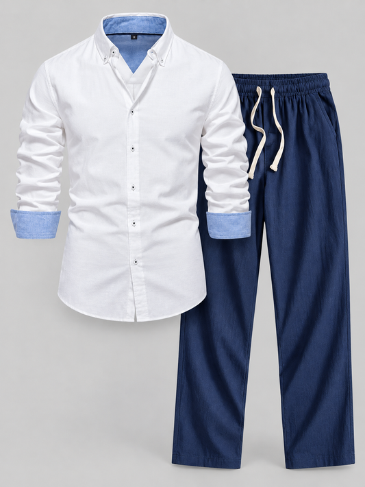 Contrast Paisley Print Linen Look Shirt & Straight Leg Linen Pants