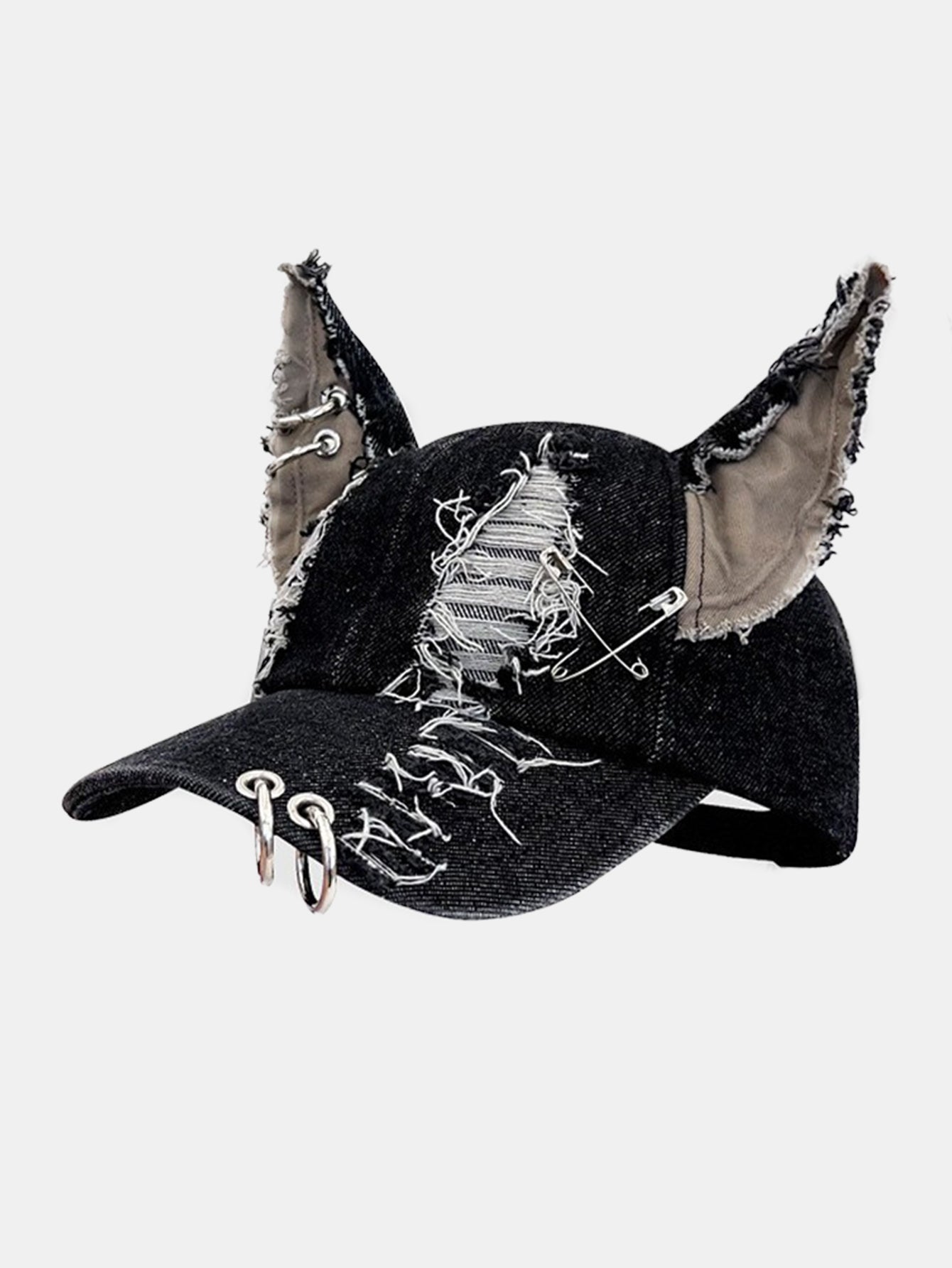 Gothic Western Distressed Denim Baseball Cap With Metal Rings
