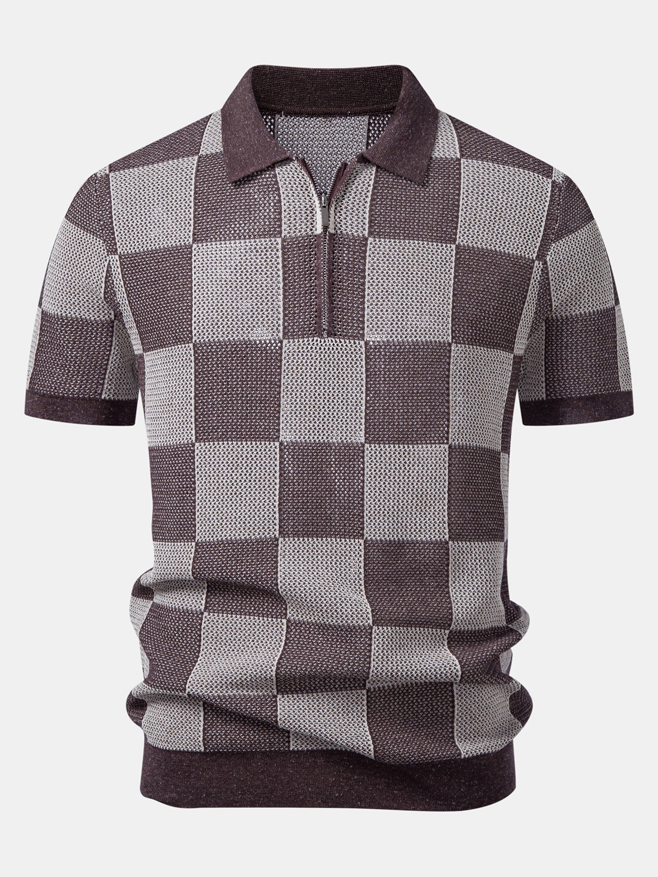 Checkerboard Crocheted Zipper Knit Polo