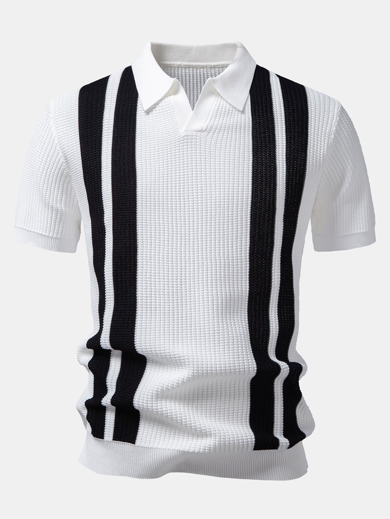 Stripe Johnny Collar Knit Polo & Drawstring Knitted Waffle Pants