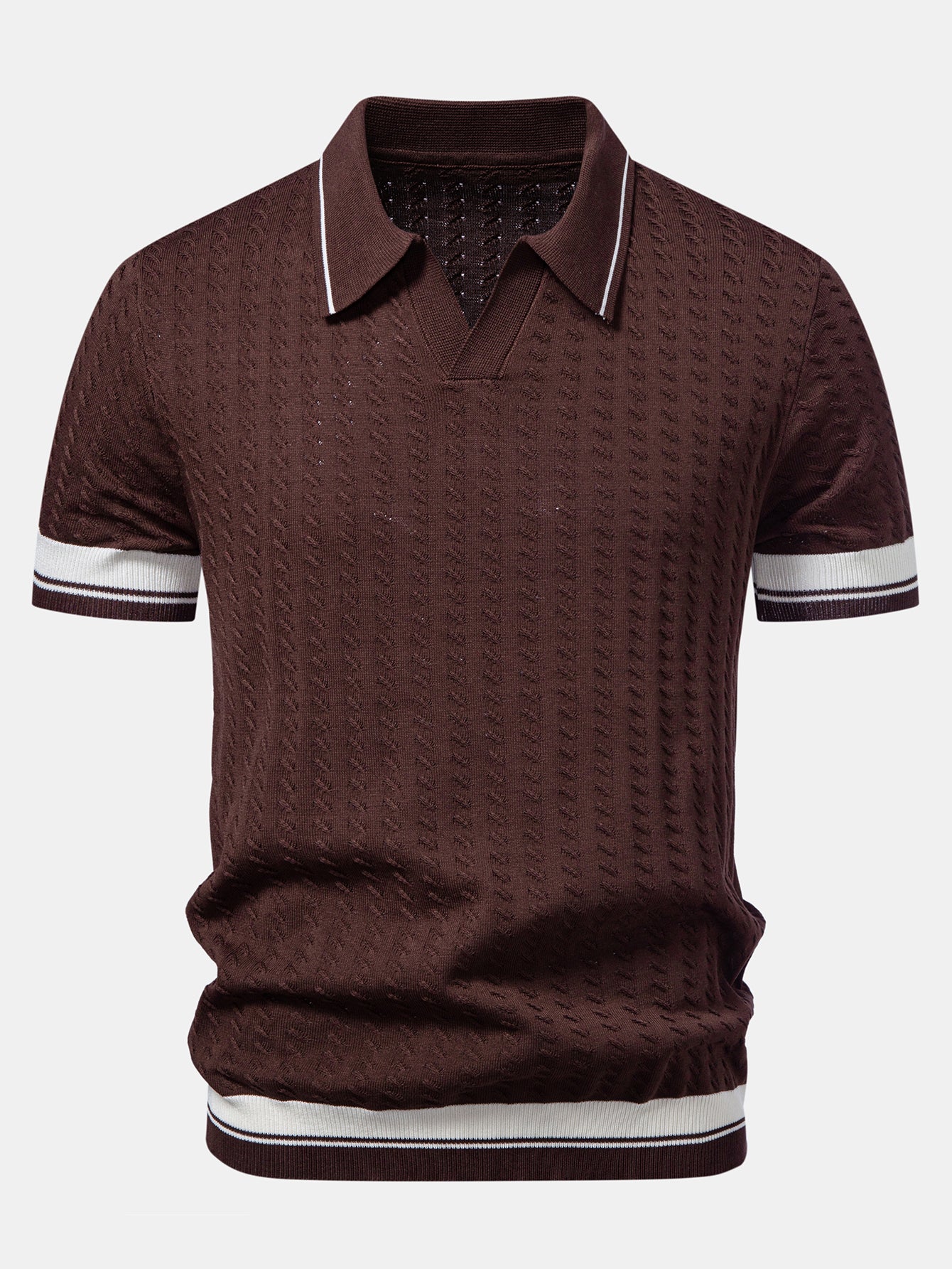 Contrast Trim Textured Johnny Collar Knit Polo