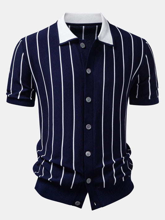 Stripe Button Up Knit Shirt & Straight Leg Ribbed Pants
