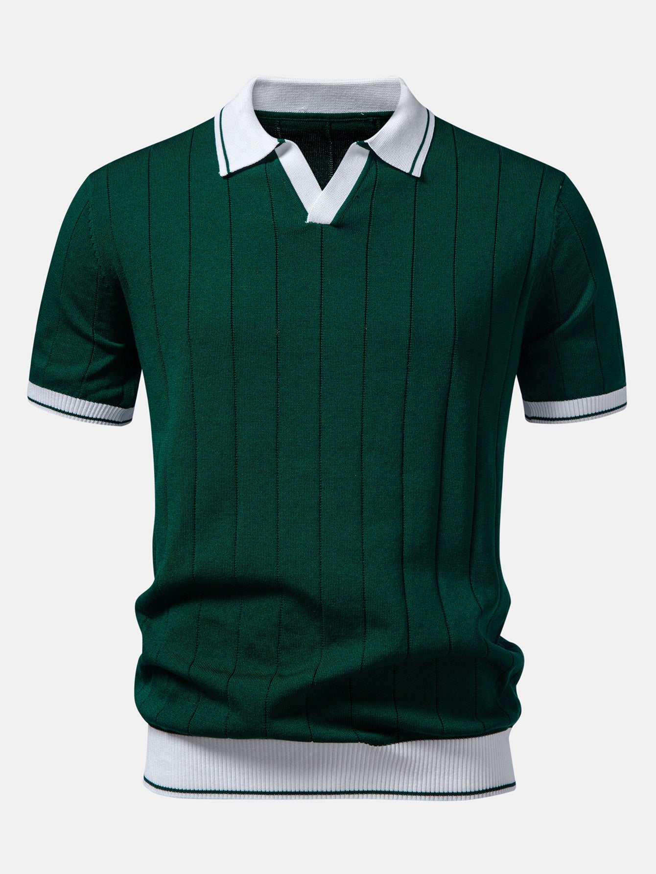 Contrast Trim Ribbed Johnny Collar Knit Polo & Slim Fit Tapered Trousers