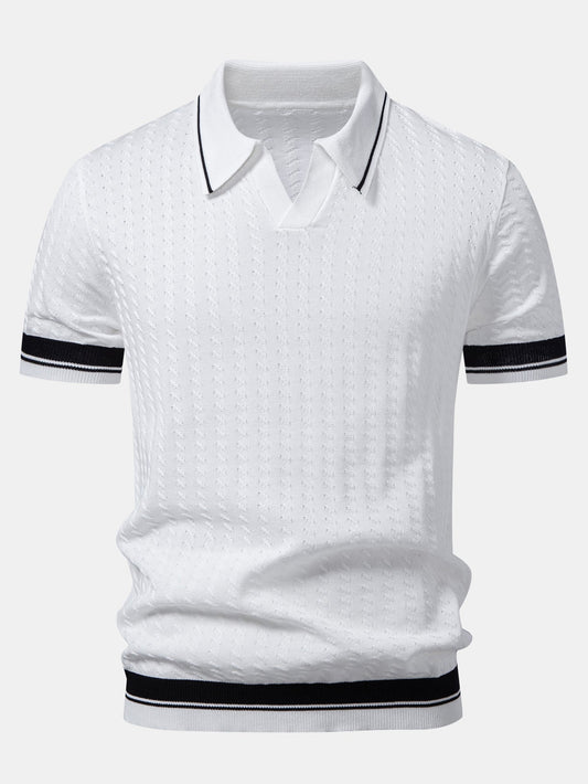 Contrast Trim Textured Johnny Collar Knit Polo