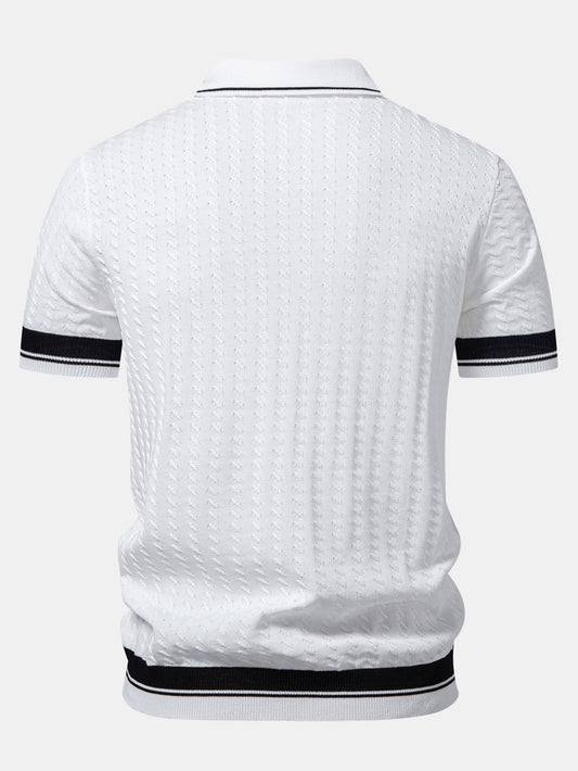 Contrast Trim Textured Johnny Collar Knit Polo