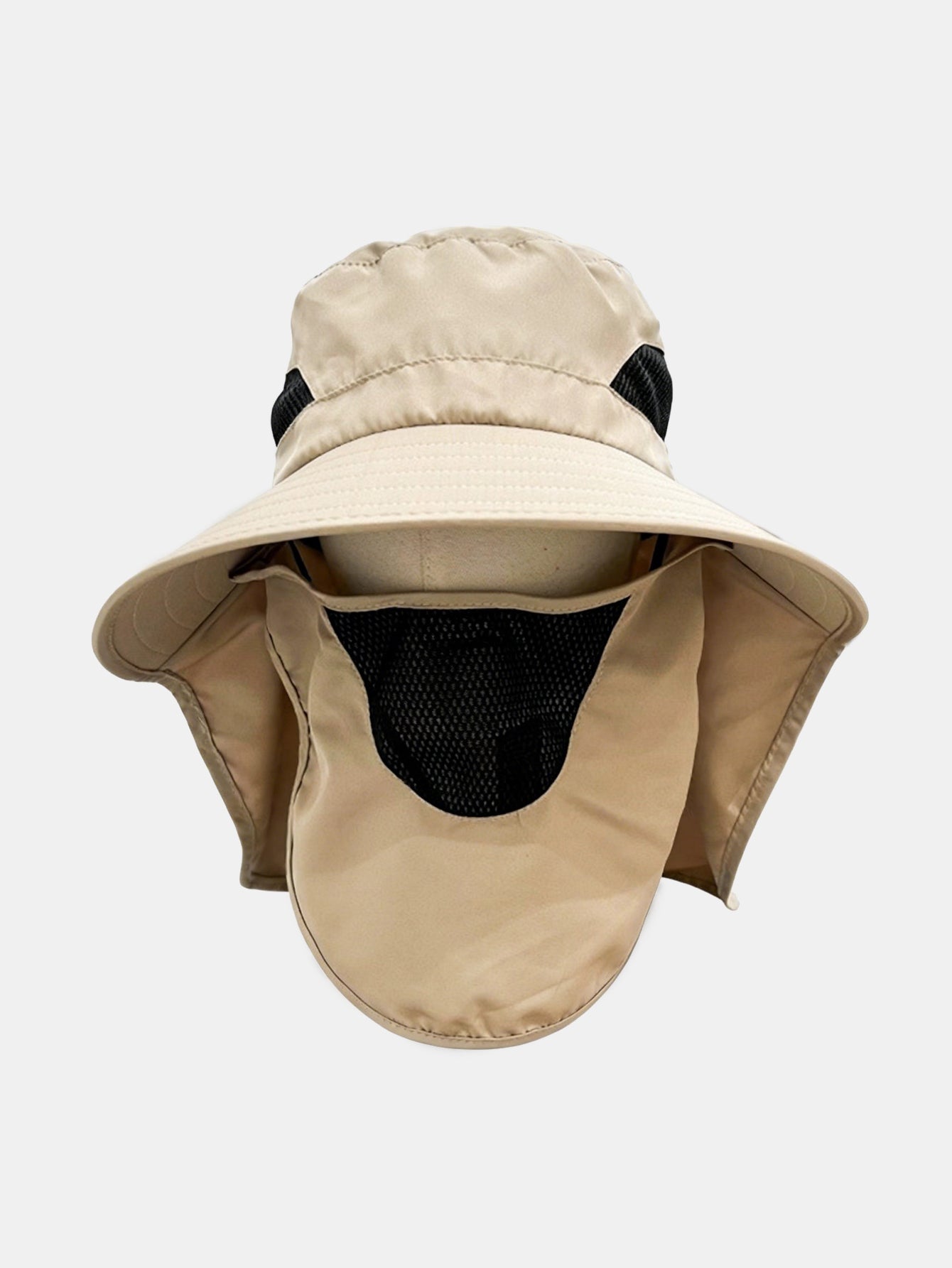 Wide-Brimmed Bucket Hat With Detachable Face And Neck Flap — Features Breathable Mesh Material And Adjustable Drawstring