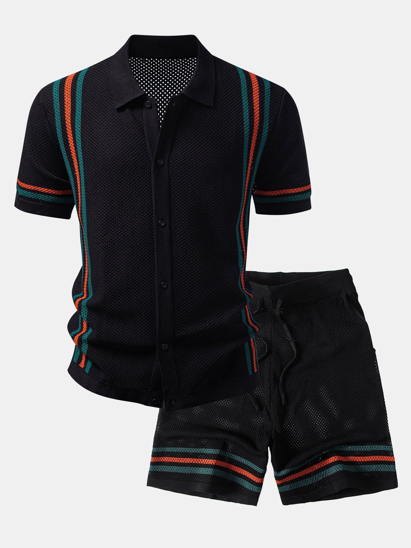 Stripe Button Up Open Kint Shirt & Drawstring Shorts