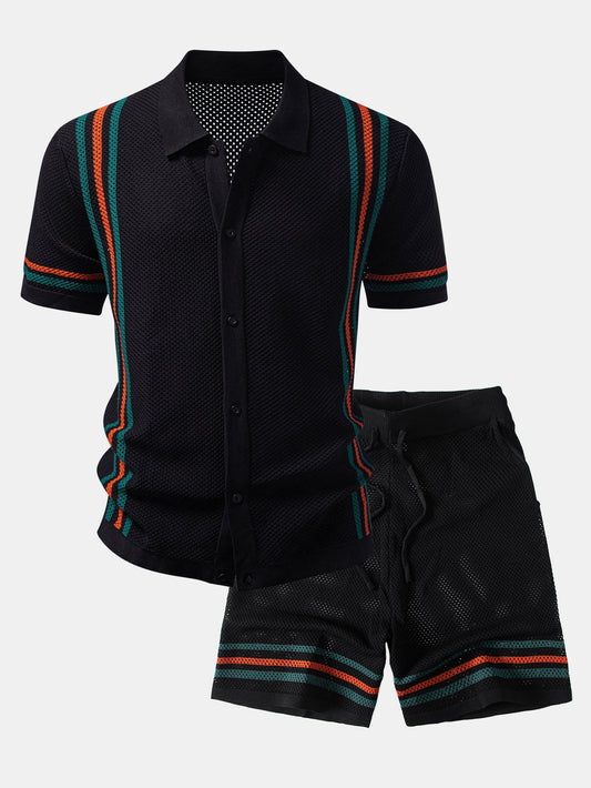 Stripe Button Up Open Kint Shirt & Drawstring Shorts