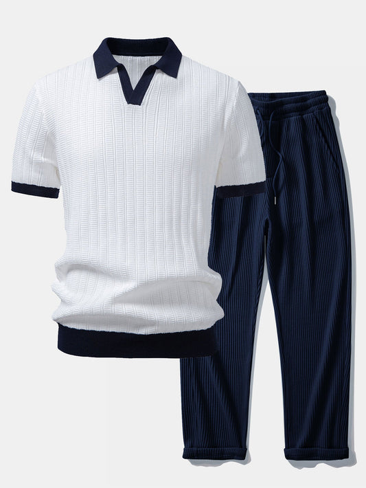 Contrast Textured Johnny Collar Knit Polo & Drawstring Knitted Waffle Pants