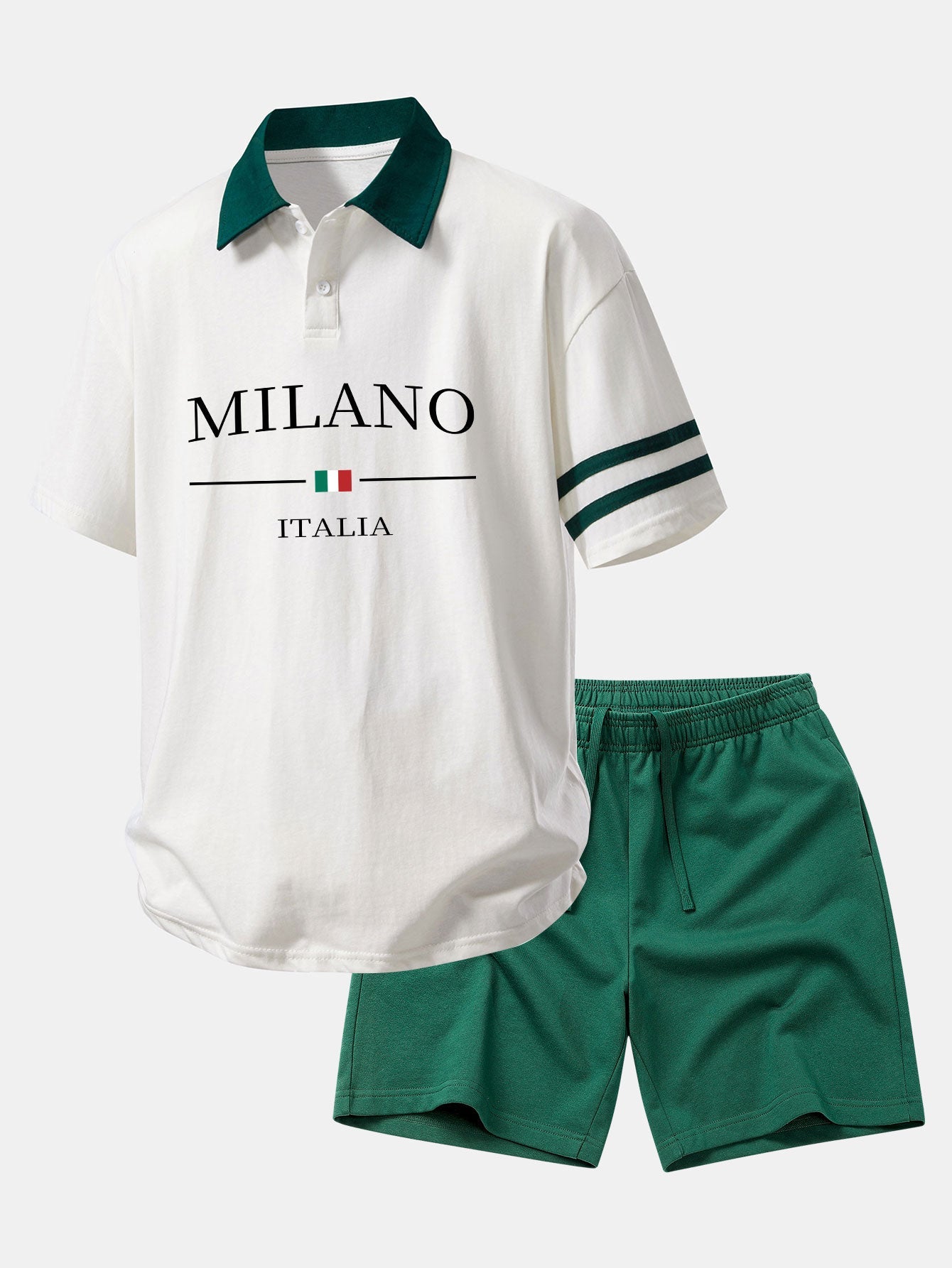 Relax Fit Milano Print Contrast Collar Polo Shirt & Cotton Drawstring 7" Shorts