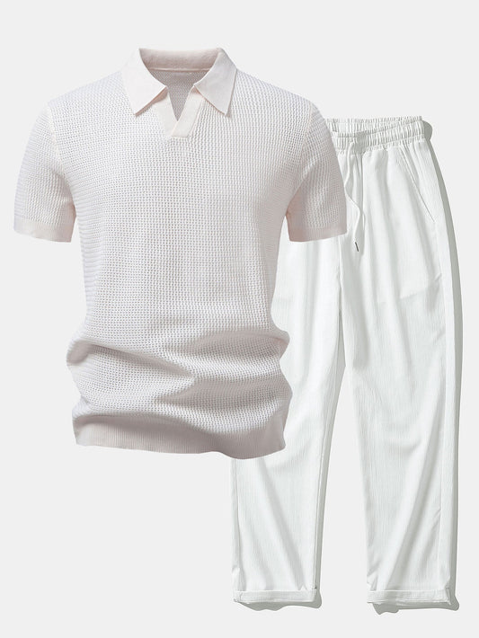 Textured Johnny Collar Crocheted Knit Polo & Crinkle Textured Straight Leg Pants