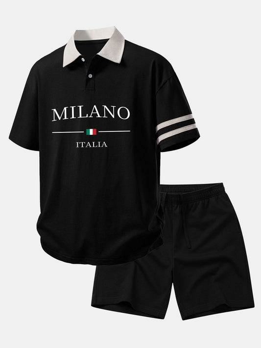 Relax Fit Milano Print Contrast Collar Polo Shirt & Cotton Drawstring 7" Shorts