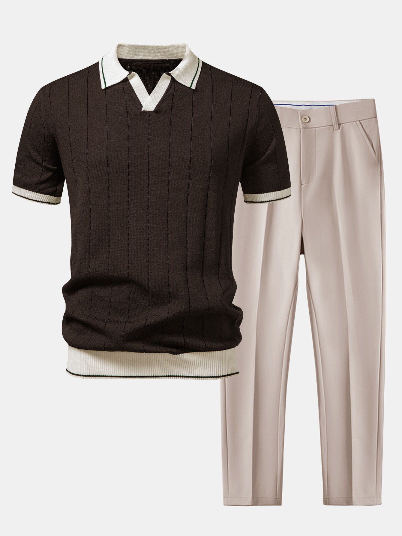 Contrast Trim Ribbed Johnny Collar Knit Polo & Slim Fit Tapered Trousers