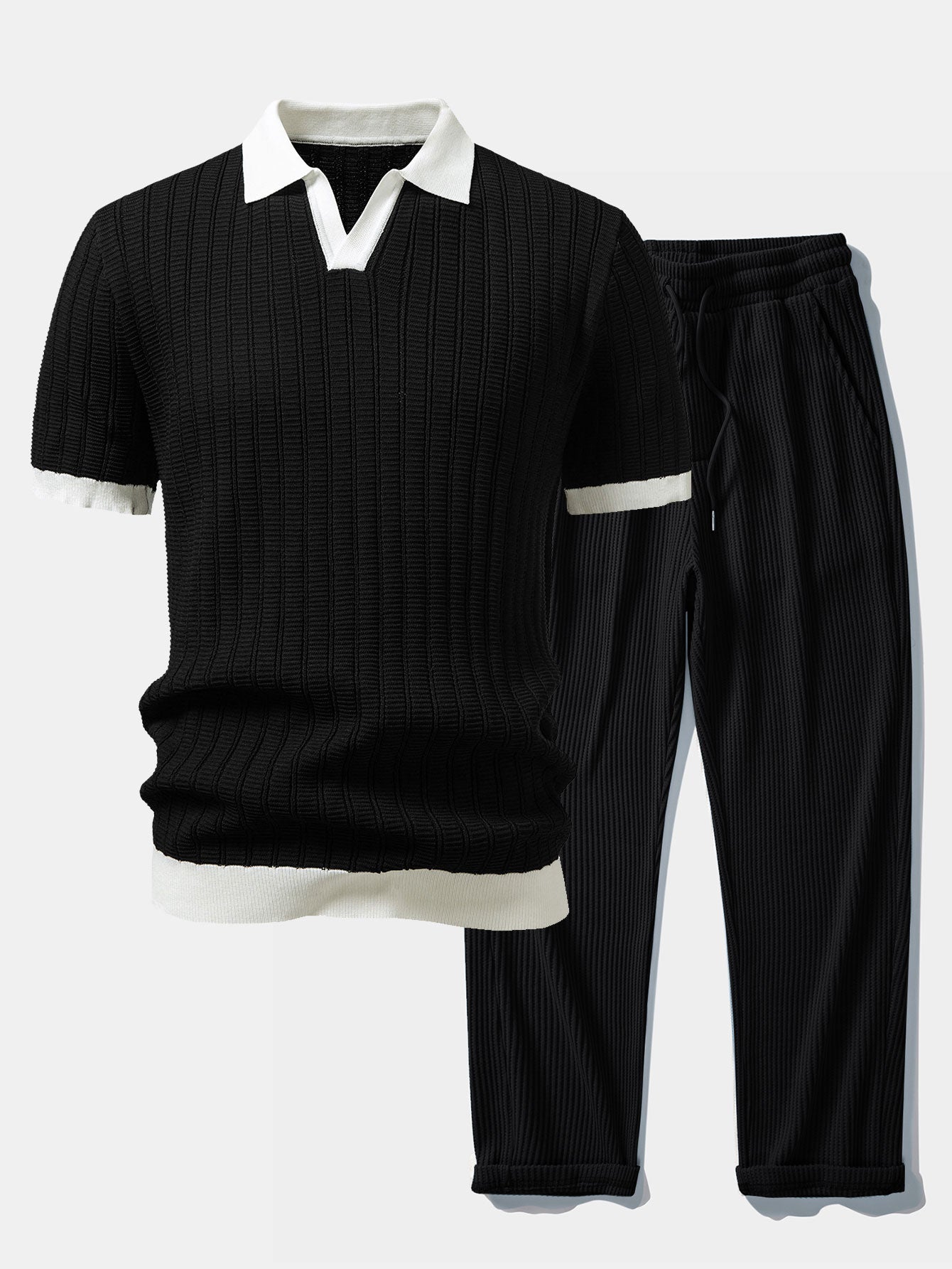 Contrast Textured Johnny Collar Knit Polo & Drawstring Knitted Waffle Pants