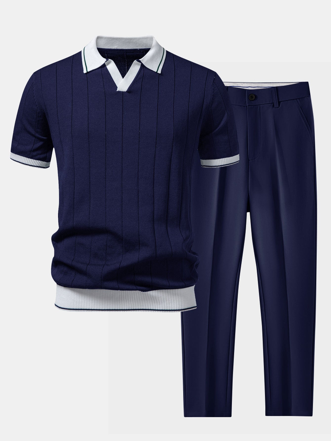 Contrast Trim Ribbed Johnny Collar Knit Polo & Slim Fit Tapered Trousers