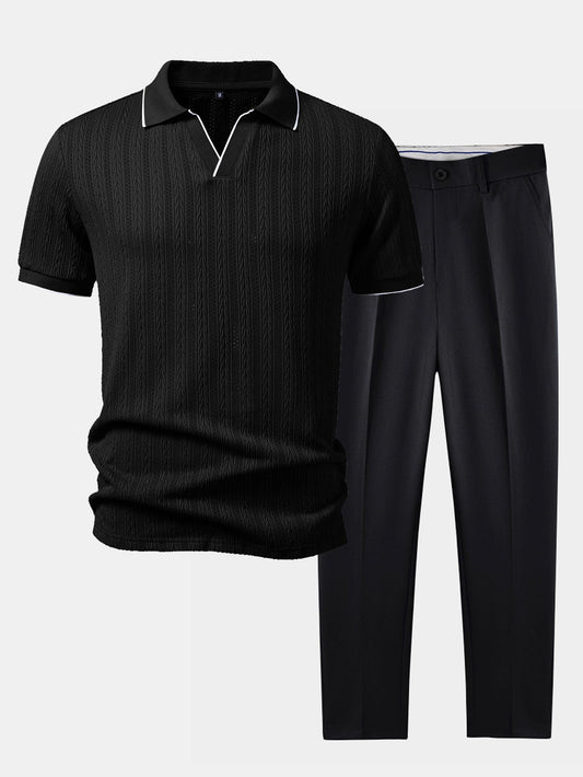 Geometric Jacquard Johnny Collar Polo & Slim Fit Tapered Trousers