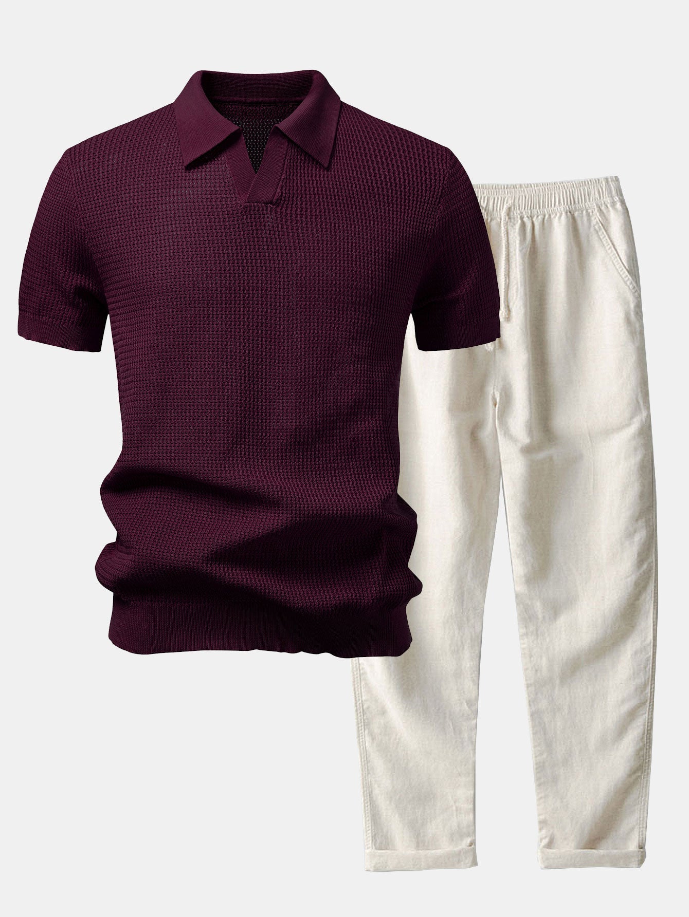 Textured Johnny Collar Crocheted Knit Polo & Straight Leg Linen Pants