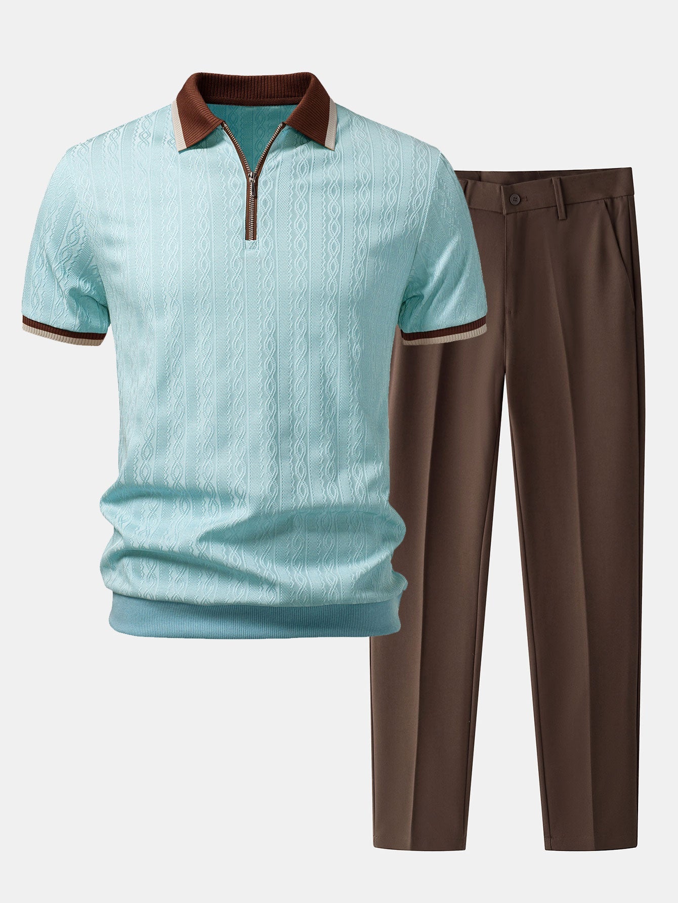 Contrast Trim Textured Zipper Knit Polo & Slim Fit Tapered Trousers