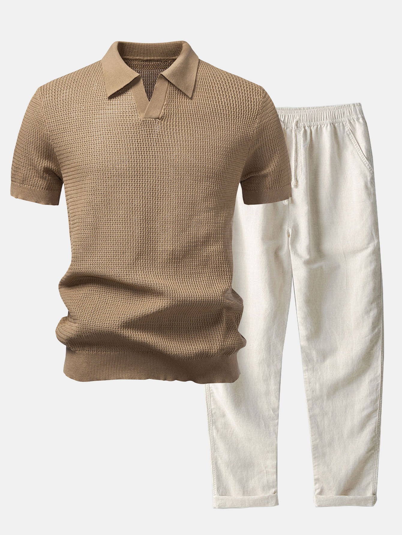Textured Johnny Collar Crocheted Knit Polo & Straight Leg Linen Pants