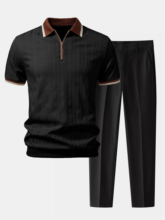 Contrast Trim Textured Zipper Knit Polo & Slim Fit Tapered Trousers