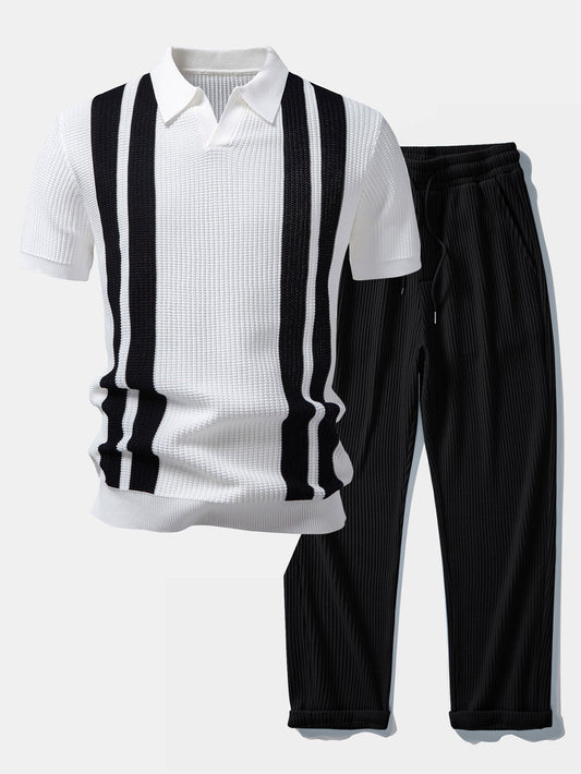 Stripe Johnny Collar Knit Polo & Drawstring Knitted Waffle Pants